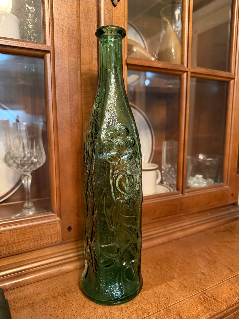 Vintage Empoli Green Floral Embossed Decanter Bottle  - 17" Tall - No Stopper